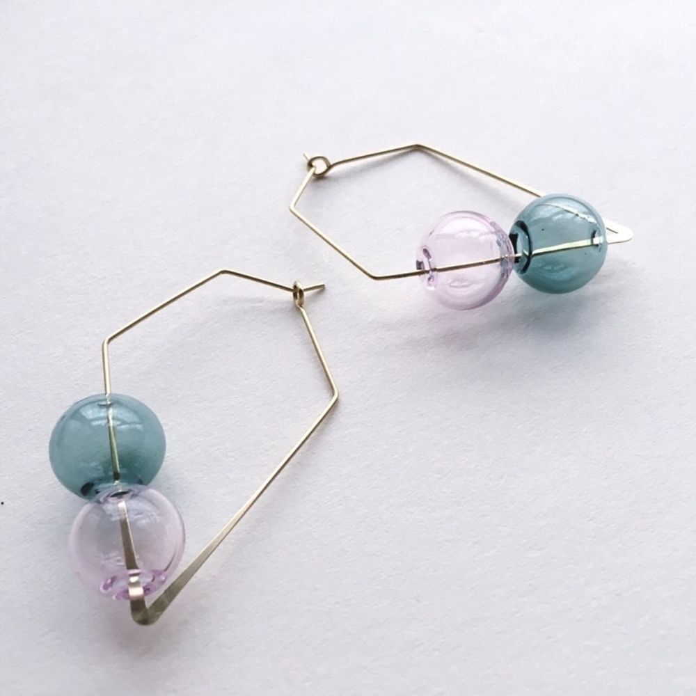 Double Glass Balls Square Hoop Earrings - Picture 3 of 7